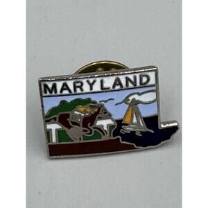 VTG Maryland State Jockey On Horse & Sailboat Silver Tone Enamel Lapel Pin